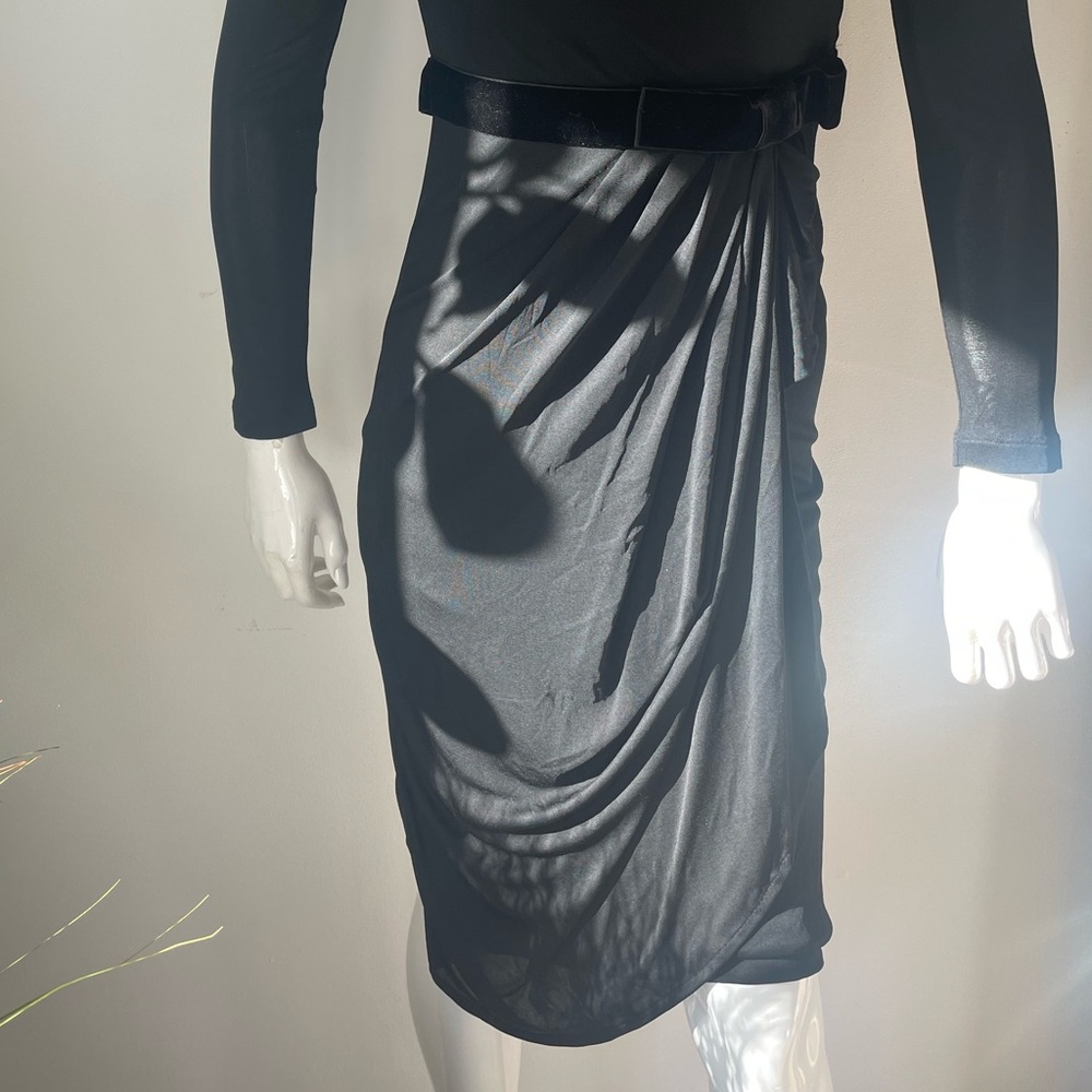 Vintage Valentino Roma Black Draped Dress with Velvet Belt Rare Retro Italian - Picture 7 of 12